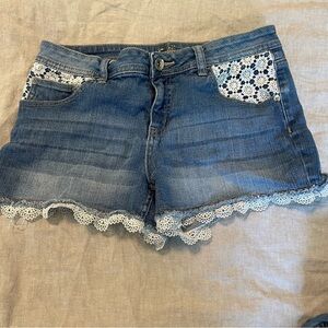 Girls Justice Blue and White Jean Shorts with Lace Trim Boho size 14
